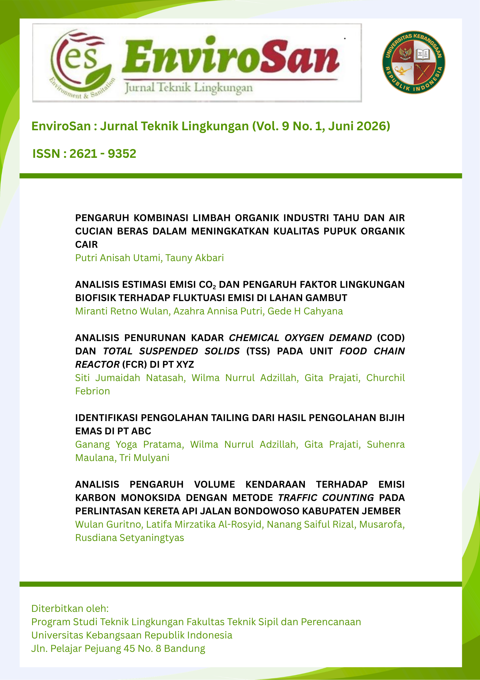 					View Vol. 9 No. 1 (2026): EnviroSan Juni 2026
				